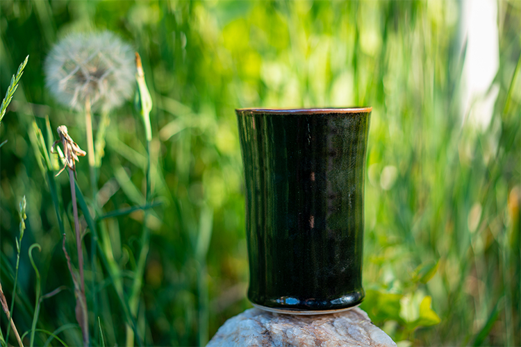 Tenmoku glaze hand thrown cup by Converse Fields photographed outside in Steamboat Springs Colorado rock and green grass