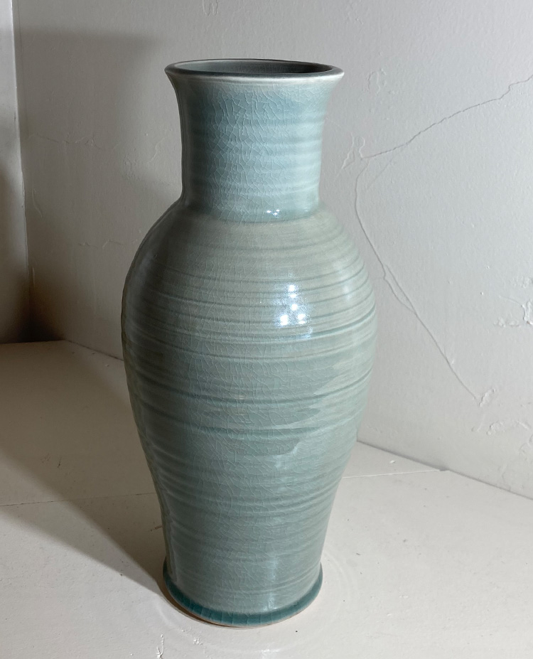 hand thrown vase celadon glaze by Converse Fields for Fields Pottery