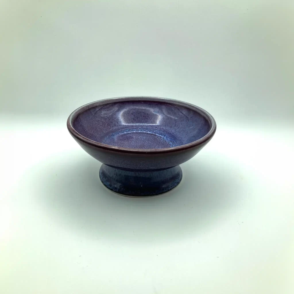 ceramic food bowl for a cat blue purple glaze hand thrown by Converse Fields Pottery in Terrebonne Oregon