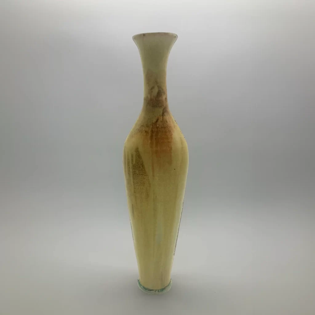 vase tall golden yellow with red accents hand thrown by Converse Fields Pottery in Terrebonne Oregon